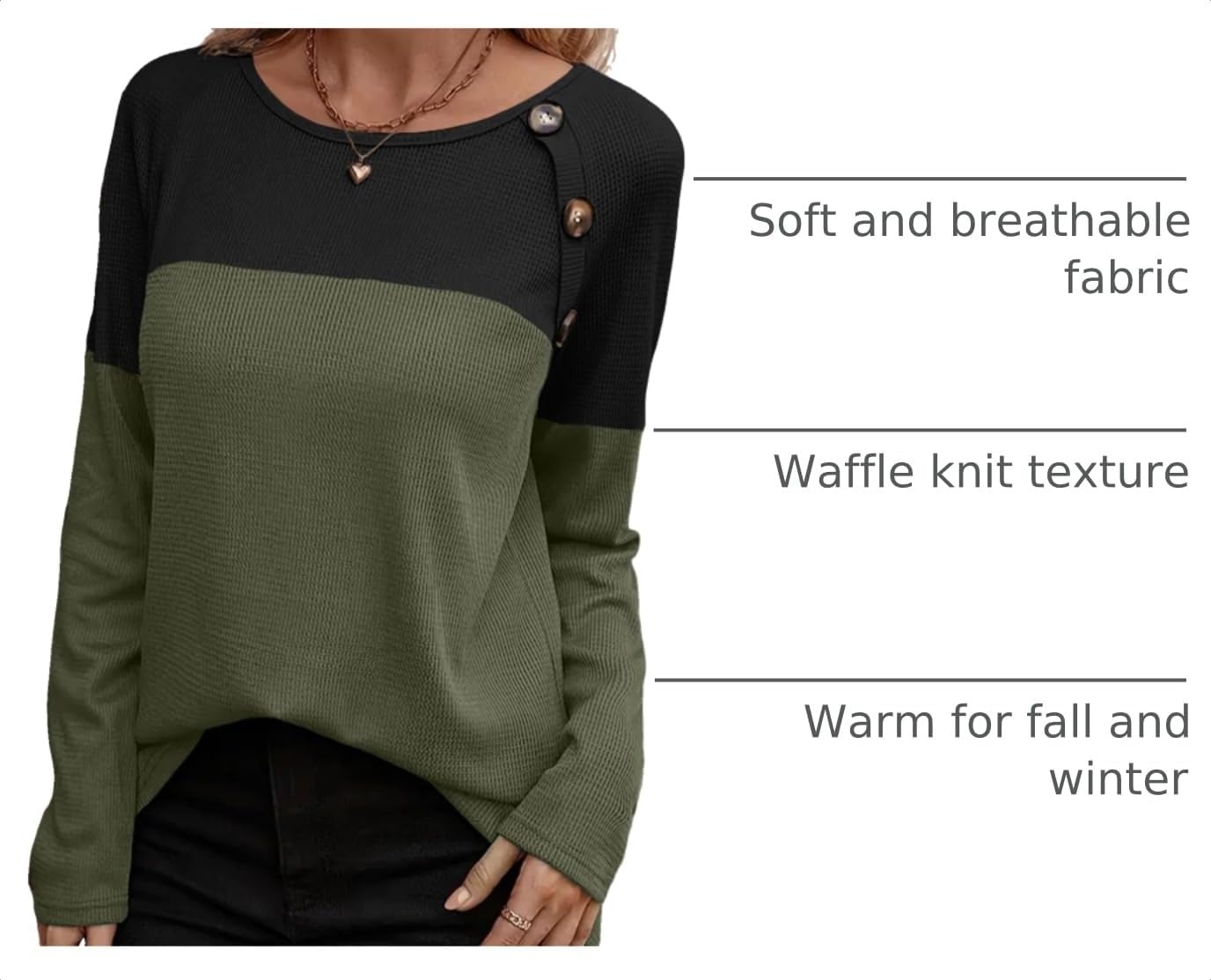 image:imageZeagoo Women Waffle Knit Shirts Long Sleeve Colorblock Tee Button Detail TunicsArmy Geeen