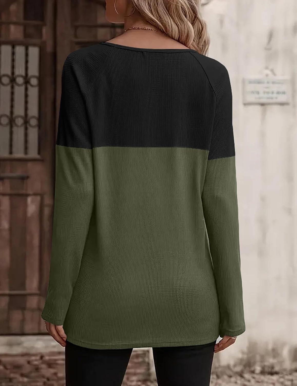 image:imageZeagoo Women Waffle Knit Shirts Long Sleeve Colorblock Tee Button Detail TunicsArmy Geeen