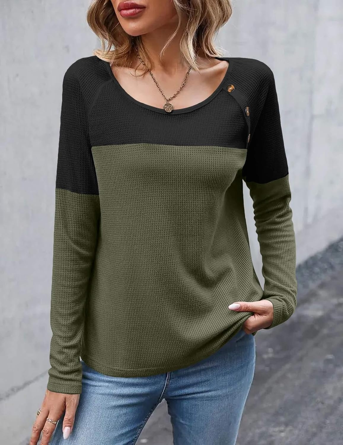 image:imageZeagoo Women Waffle Knit Shirts Long Sleeve Colorblock Tee Button Detail TunicsArmy Geeen