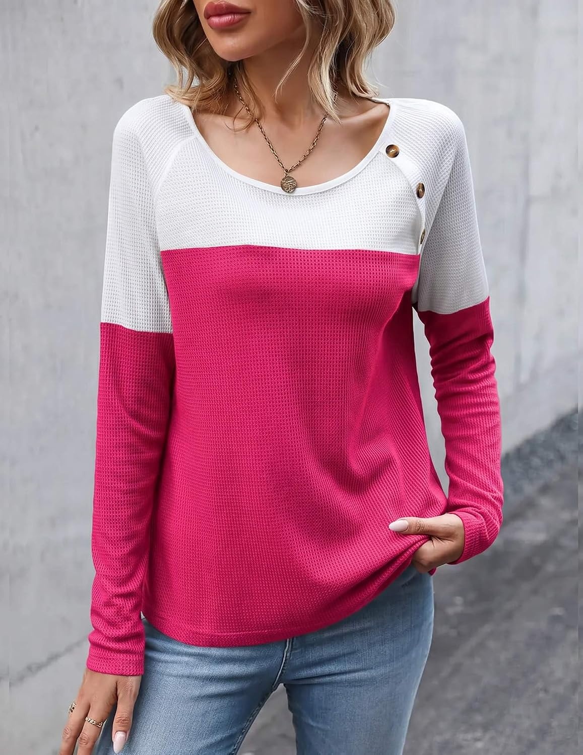 image:imageZeagoo Women Waffle Knit Shirts Long Sleeve Colorblock Tee Button Detail TunicsBlack Rose Red