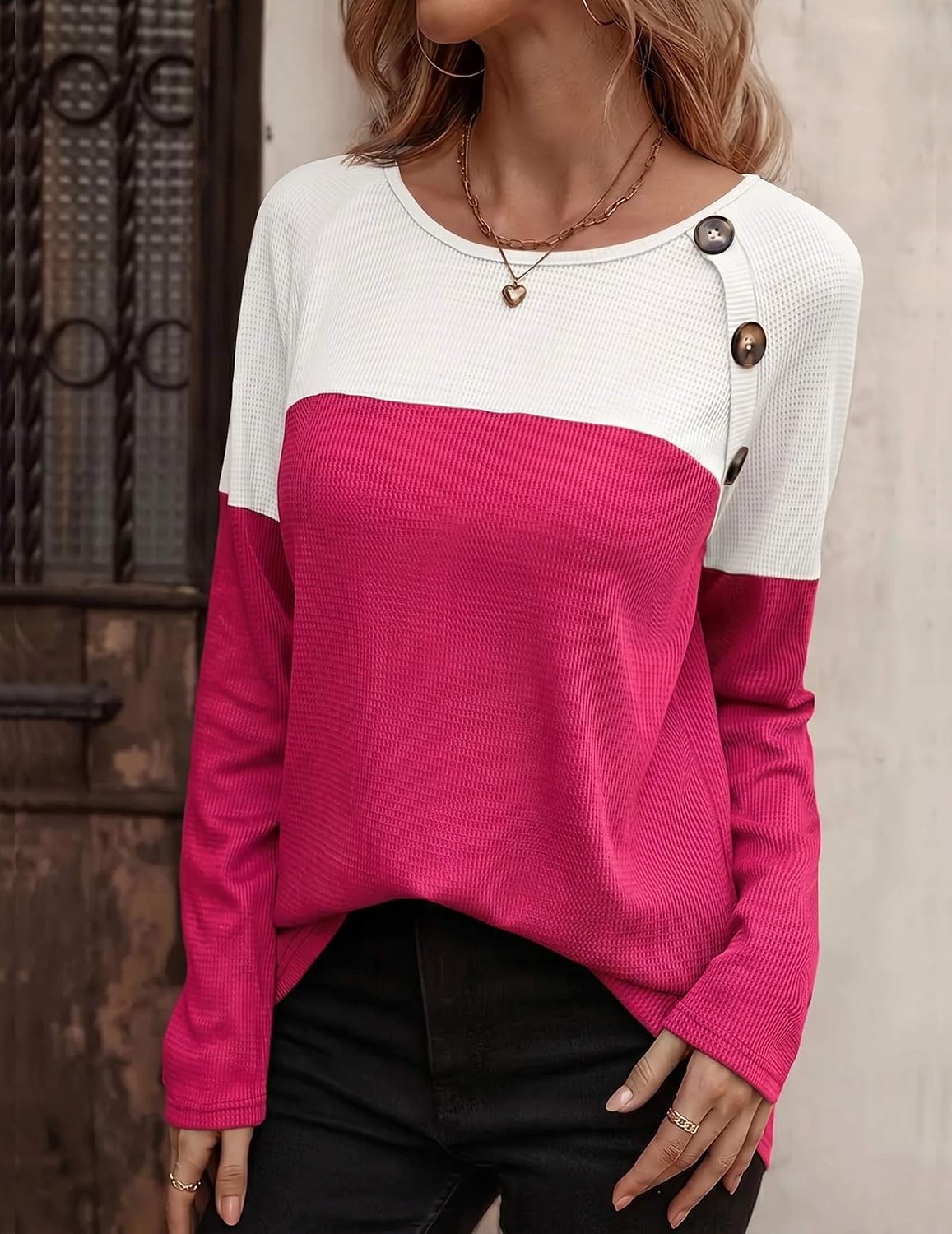 image:imageZeagoo Women Waffle Knit Shirts Long Sleeve Colorblock Tee Button Detail TunicsBlack Rose Red