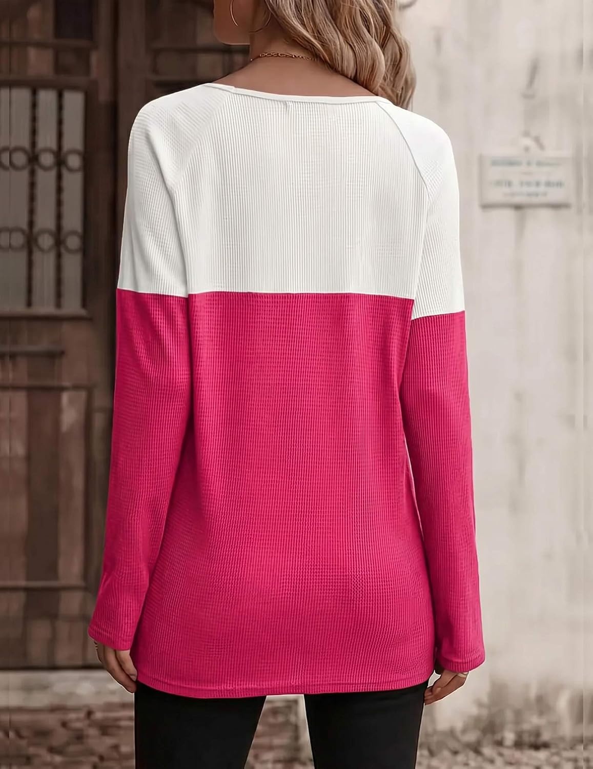 image:imageZeagoo Women Waffle Knit Shirts Long Sleeve Colorblock Tee Button Detail TunicsBlack Rose Red