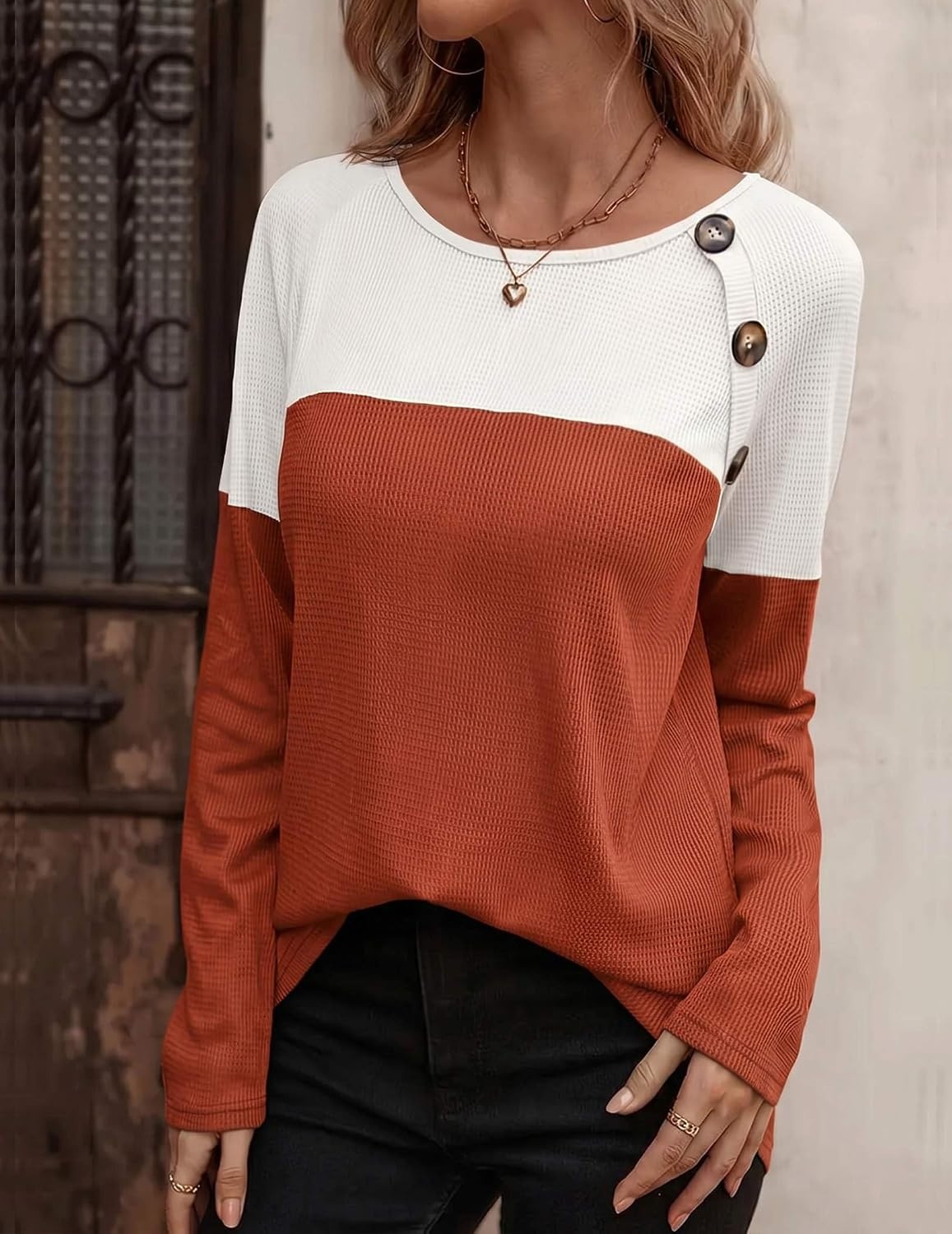 image:imageZeagoo Women Waffle Knit Shirts Long Sleeve Colorblock Tee Button Detail TunicsBlack Rust Red