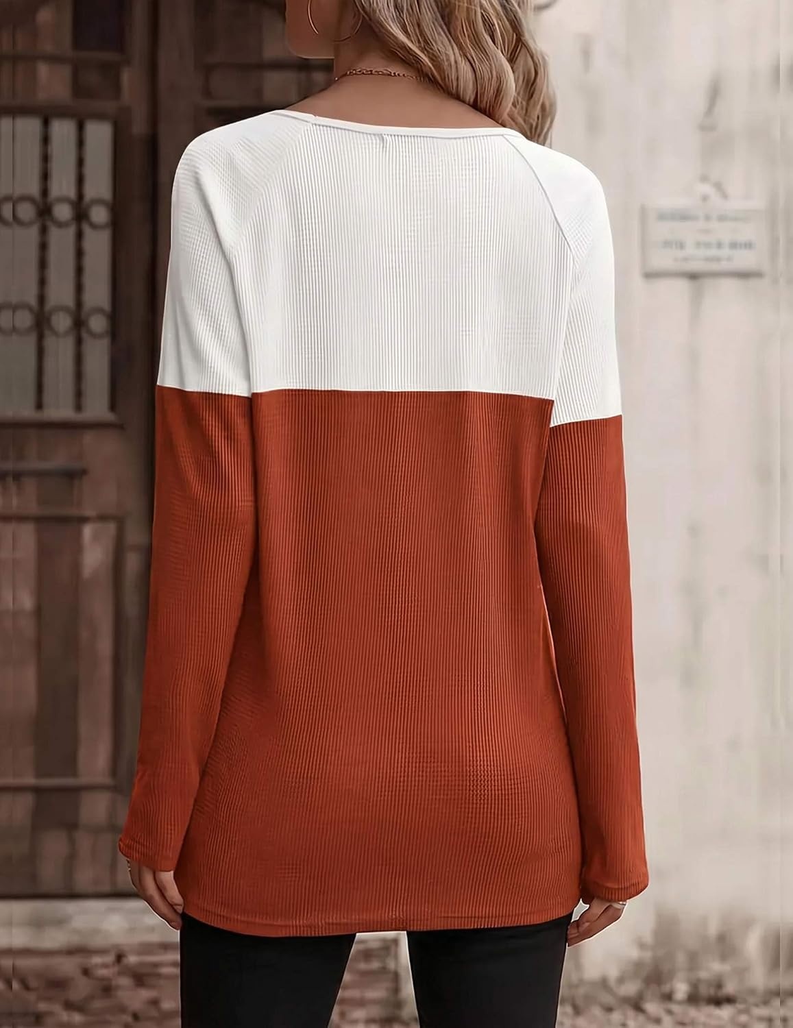 image:imageZeagoo Women Waffle Knit Shirts Long Sleeve Colorblock Tee Button Detail TunicsBlack Rust Red
