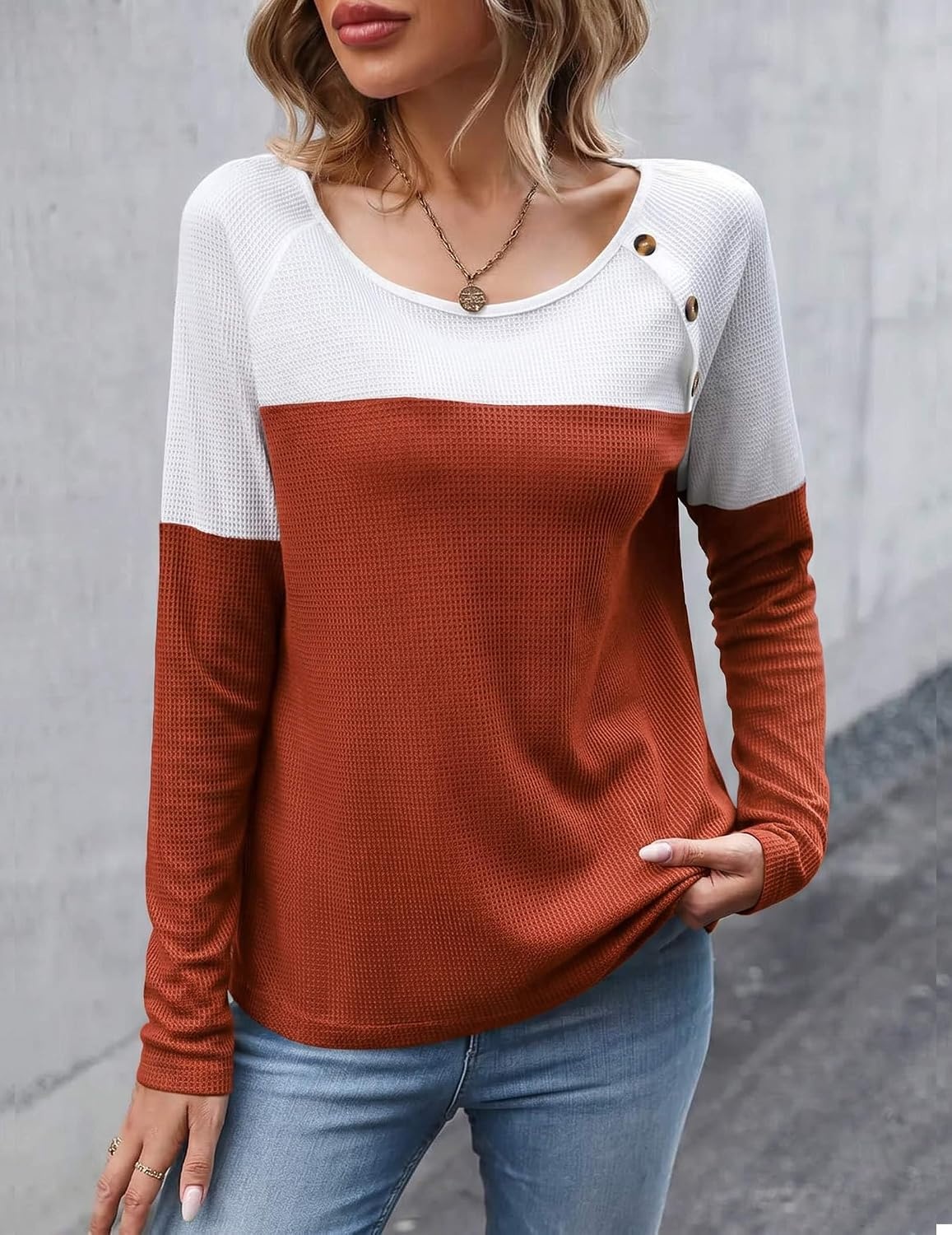 image:imageZeagoo Women Waffle Knit Shirts Long Sleeve Colorblock Tee Button Detail TunicsBlack Rust Red