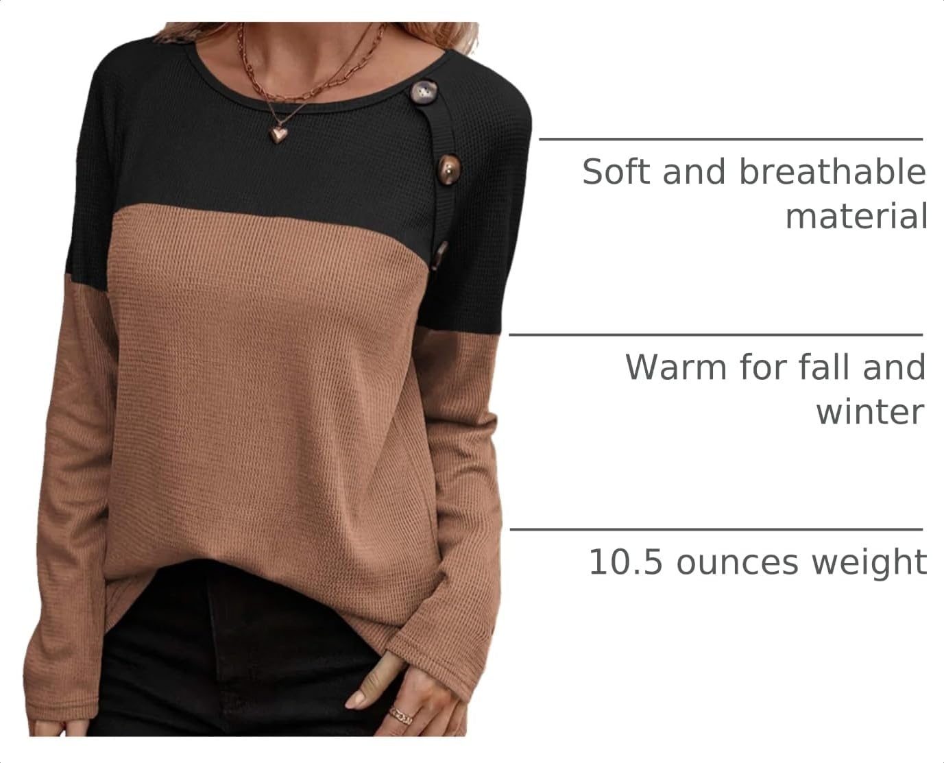 image:imageZeagoo Women Waffle Knit Shirts Long Sleeve Colorblock Tee Button Detail TunicsBlackbrown