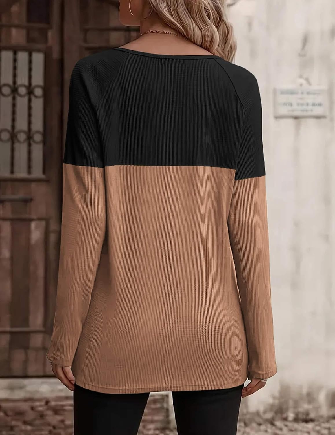 image:imageZeagoo Women Waffle Knit Shirts Long Sleeve Colorblock Tee Button Detail TunicsBlackbrown