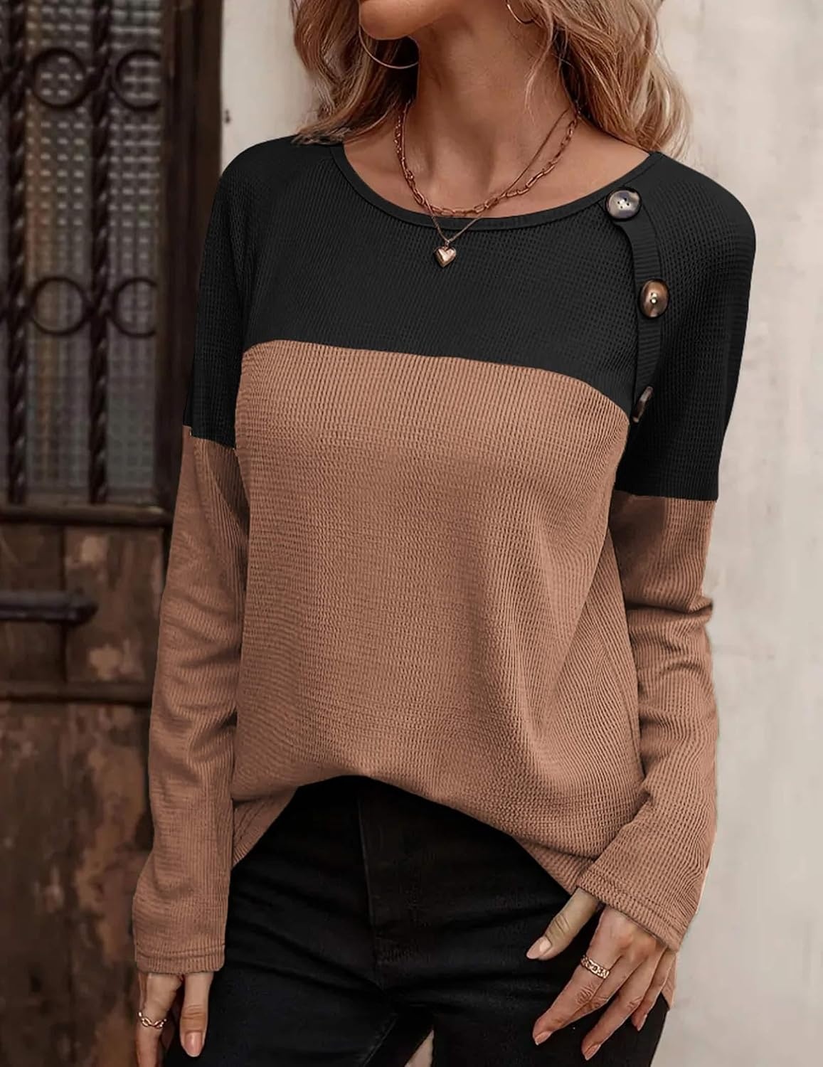 image:imageZeagoo Women Waffle Knit Shirts Long Sleeve Colorblock Tee Button Detail TunicsBlackbrown