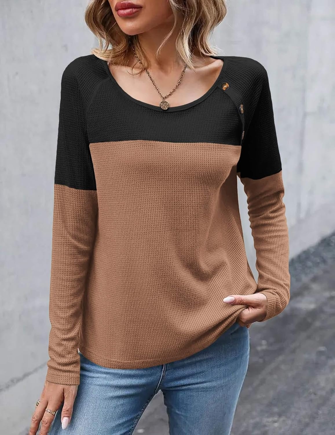 image:imageZeagoo Women Waffle Knit Shirts Long Sleeve Colorblock Tee Button Detail TunicsBlackbrown