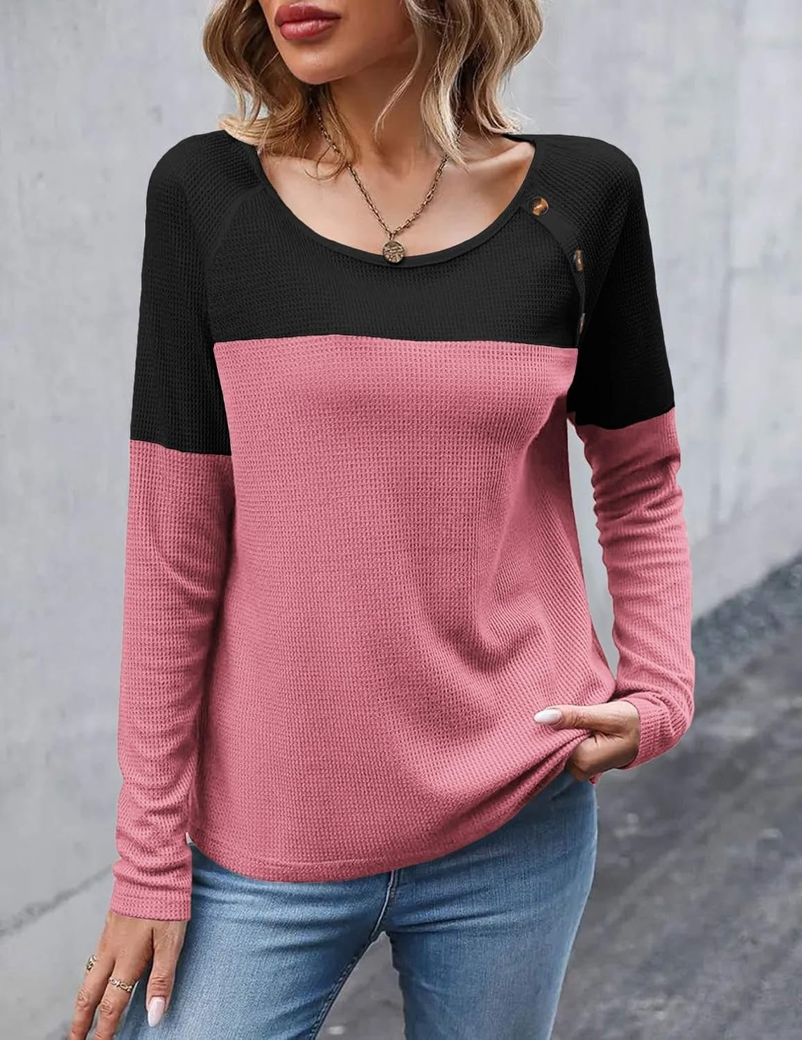 image:imageZeagoo Women Waffle Knit Shirts Long Sleeve Colorblock Tee Button Detail TunicsBlackmauve