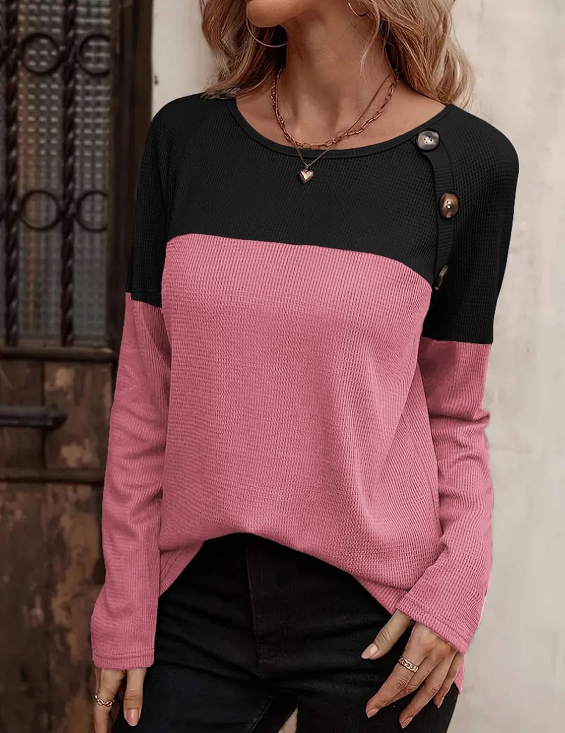 image:imageZeagoo Women Waffle Knit Shirts Long Sleeve Colorblock Tee Button Detail TunicsBlackmauve