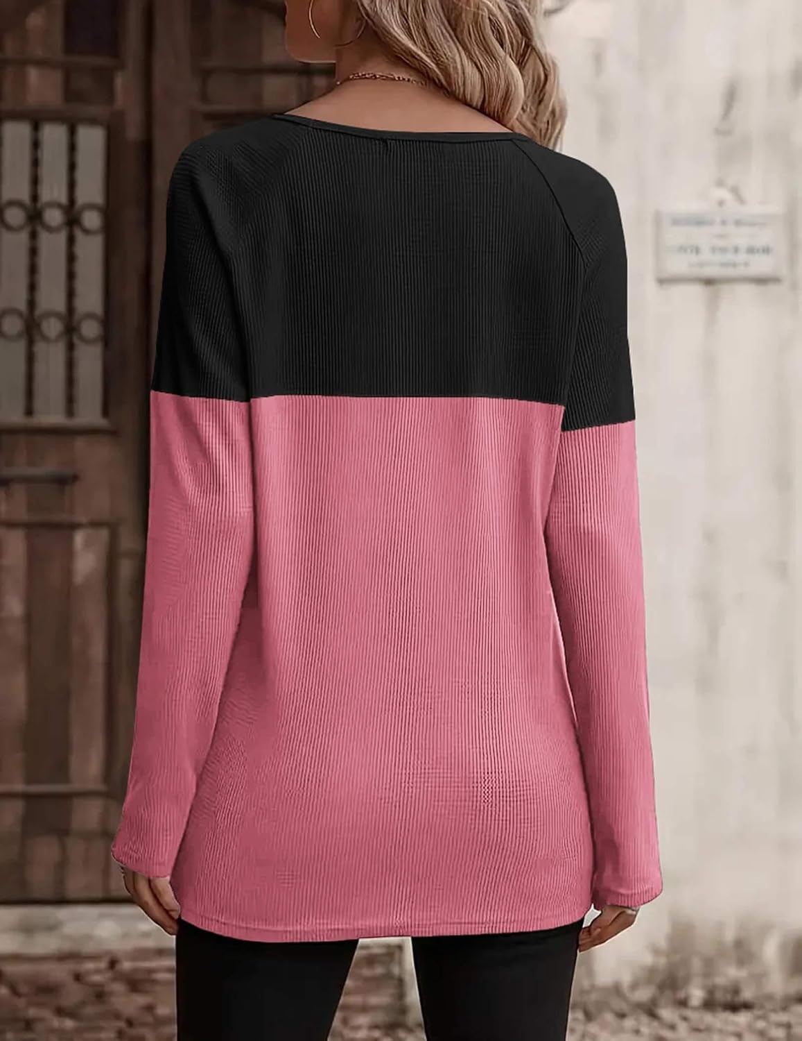 image:imageZeagoo Women Waffle Knit Shirts Long Sleeve Colorblock Tee Button Detail TunicsBlackmauve