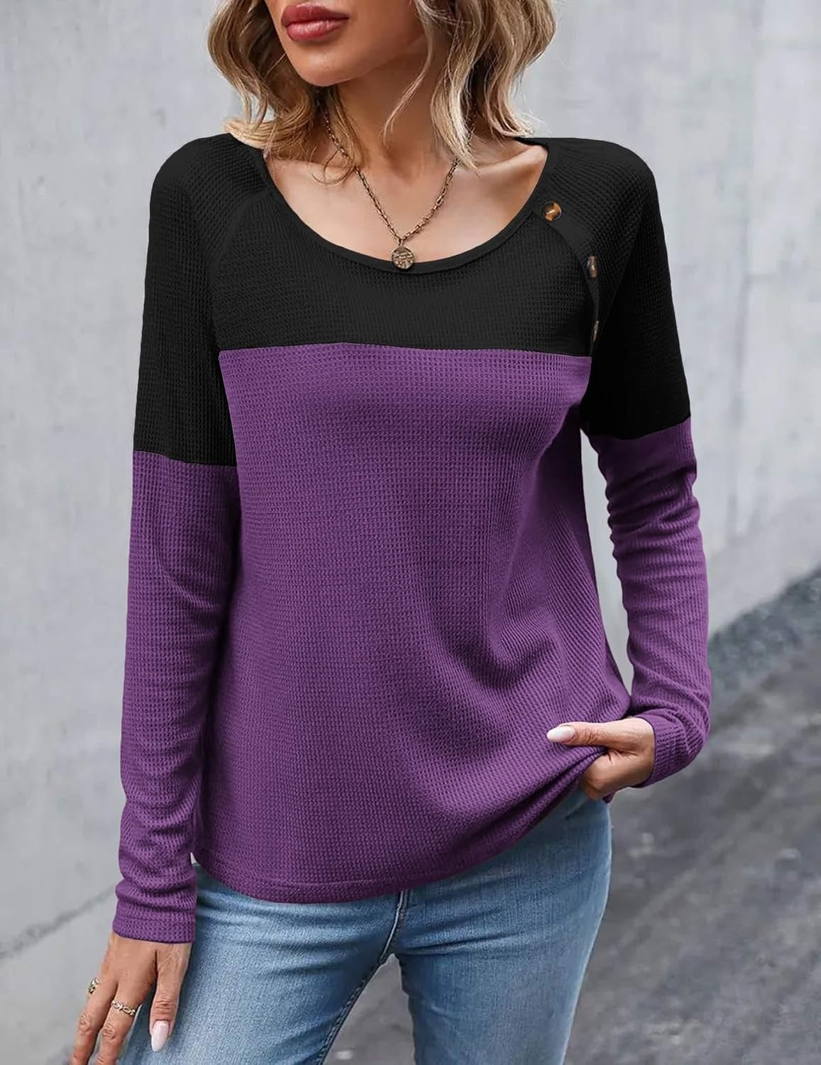 image:imageZeagoo Women Waffle Knit Shirts Long Sleeve Colorblock Tee Button Detail TunicsBlackpurple