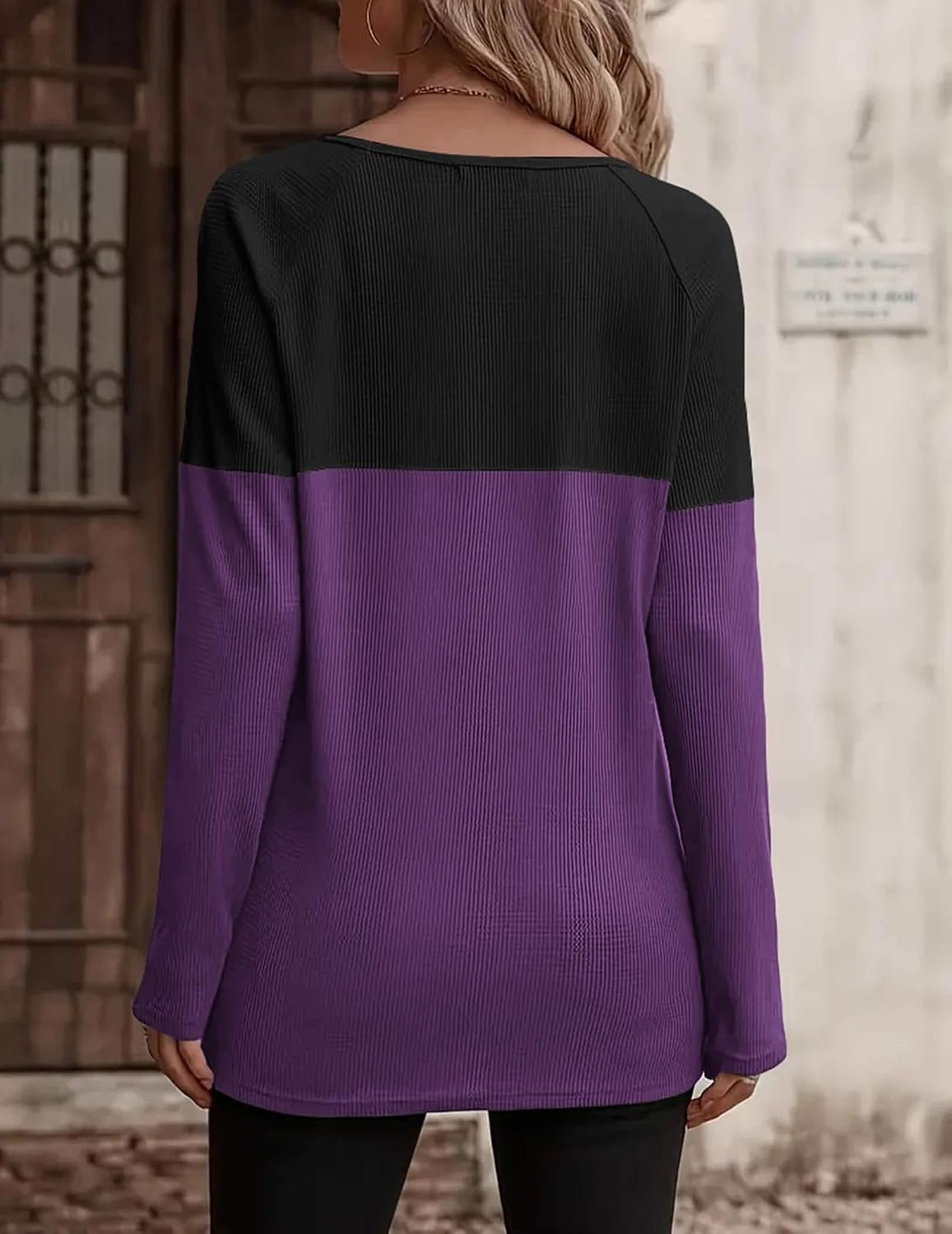 image:imageZeagoo Women Waffle Knit Shirts Long Sleeve Colorblock Tee Button Detail TunicsBlackpurple