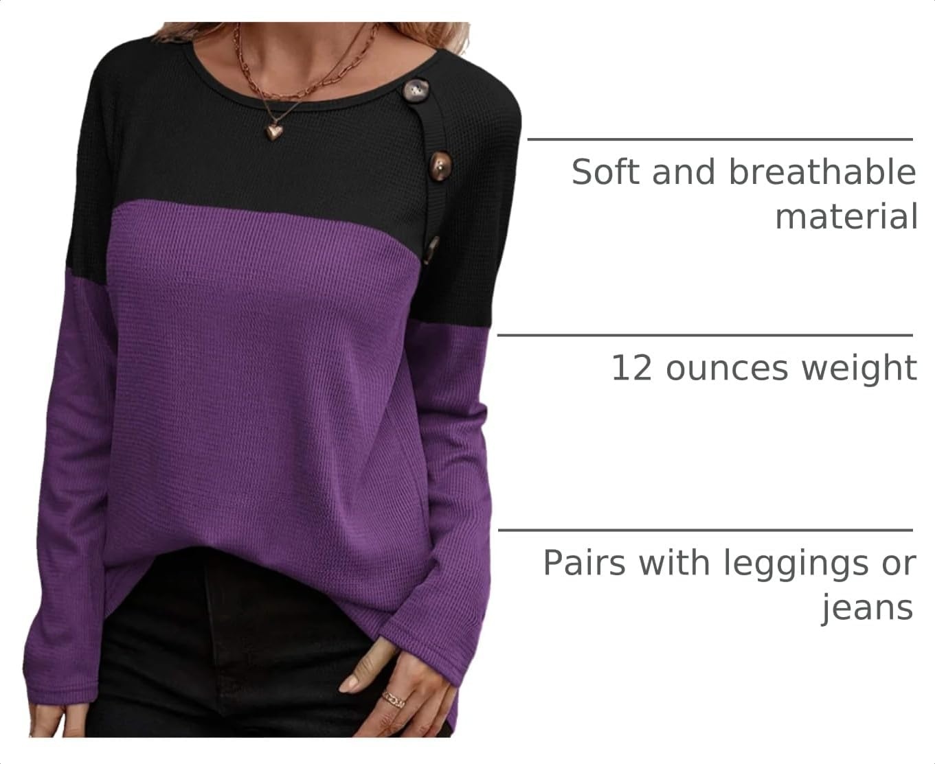image:imageZeagoo Women Waffle Knit Shirts Long Sleeve Colorblock Tee Button Detail TunicsBlackpurple