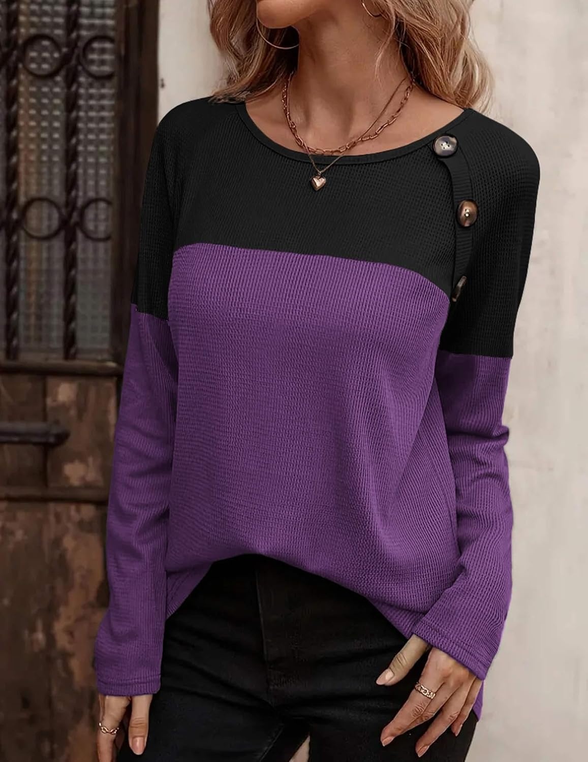 image:imageZeagoo Women Waffle Knit Shirts Long Sleeve Colorblock Tee Button Detail TunicsBlackpurple