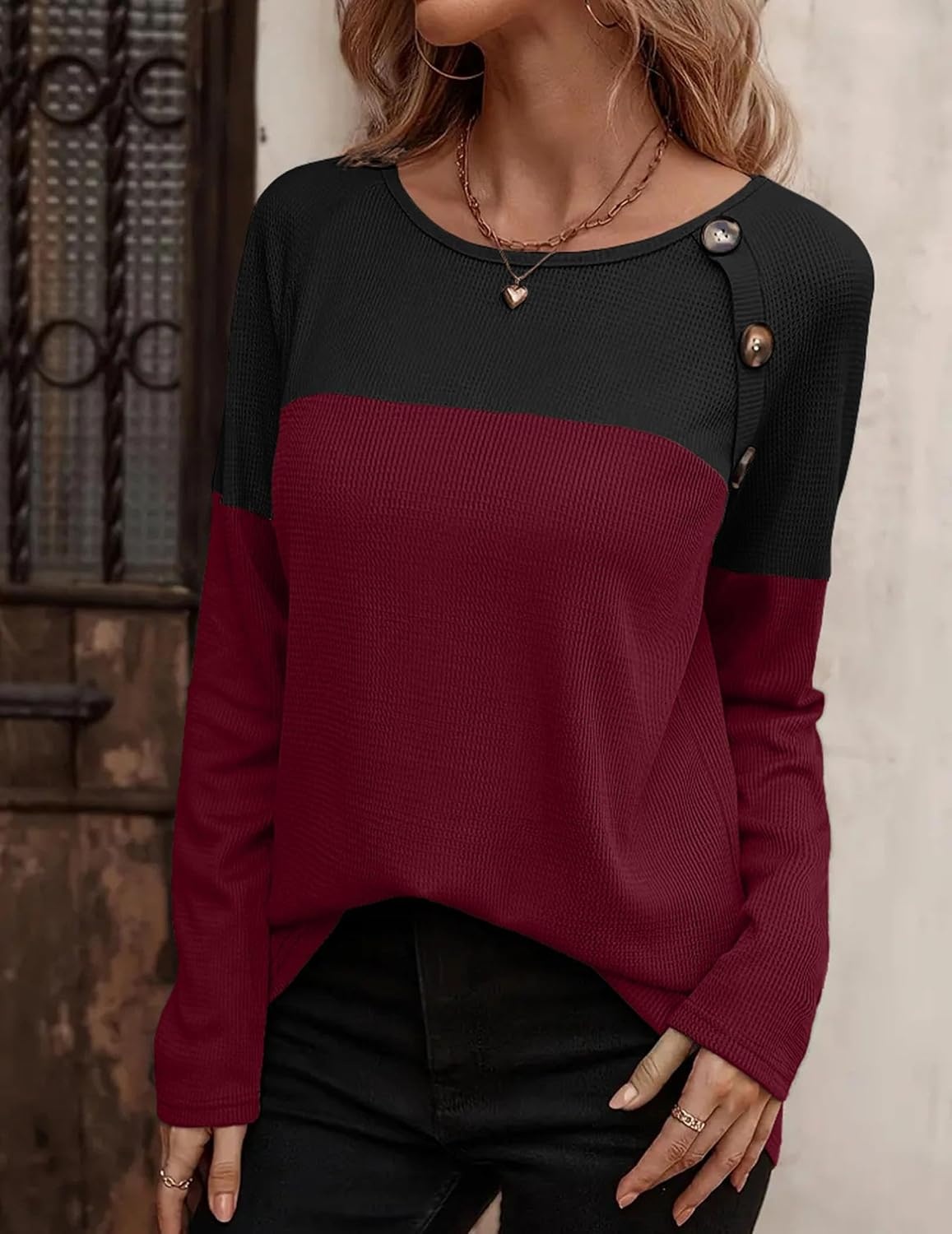 image:imageZeagoo Women Waffle Knit Shirts Long Sleeve Colorblock Tee Button Detail TunicsBurgundy