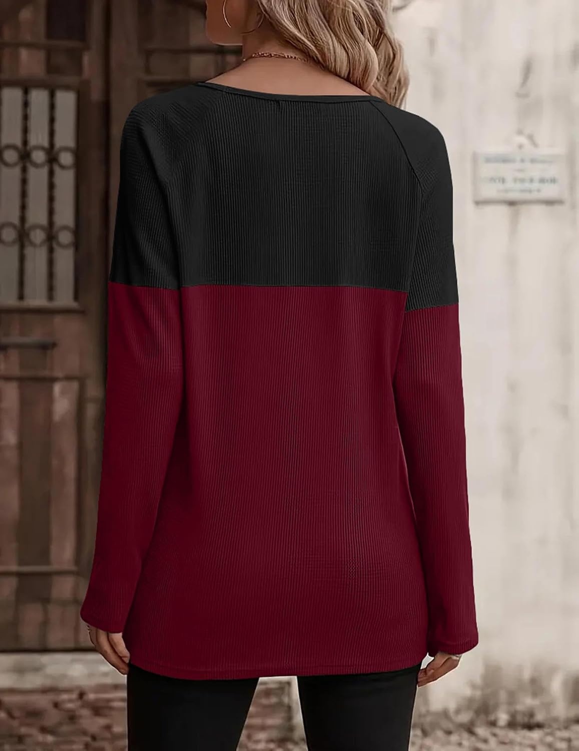 image:imageZeagoo Women Waffle Knit Shirts Long Sleeve Colorblock Tee Button Detail TunicsBurgundy