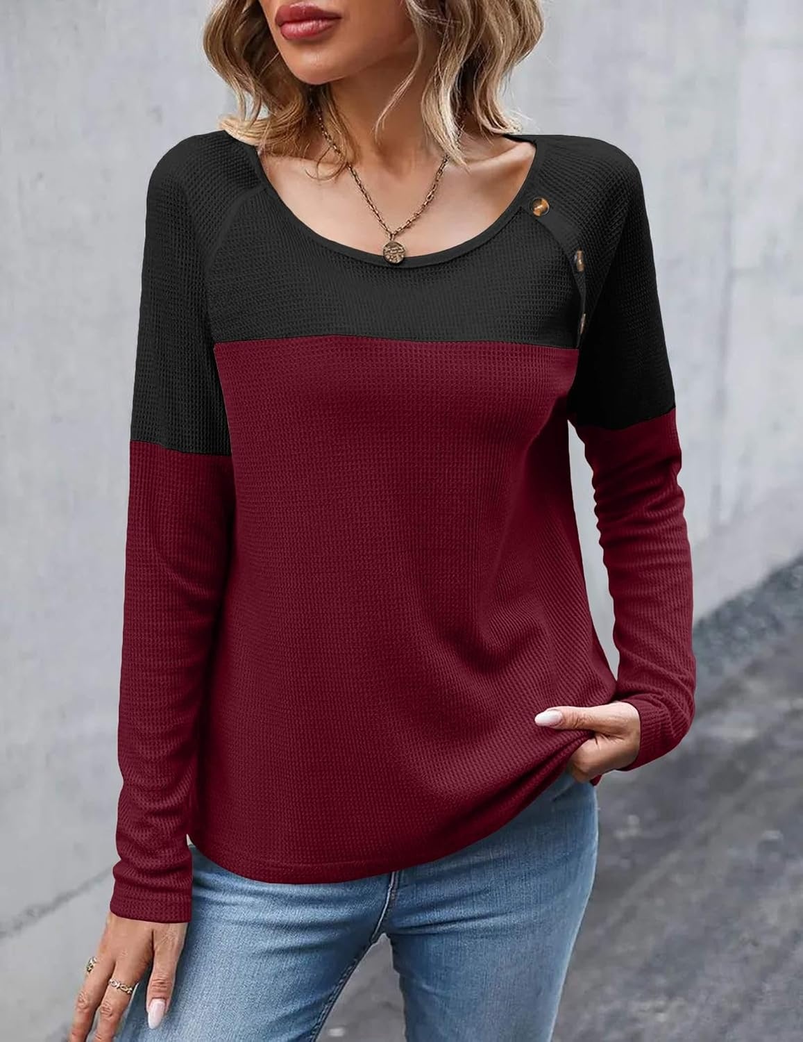 image:imageZeagoo Women Waffle Knit Shirts Long Sleeve Colorblock Tee Button Detail TunicsBurgundy