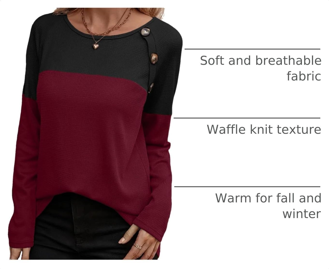 image:imageZeagoo Women Waffle Knit Shirts Long Sleeve Colorblock Tee Button Detail TunicsBurgundy