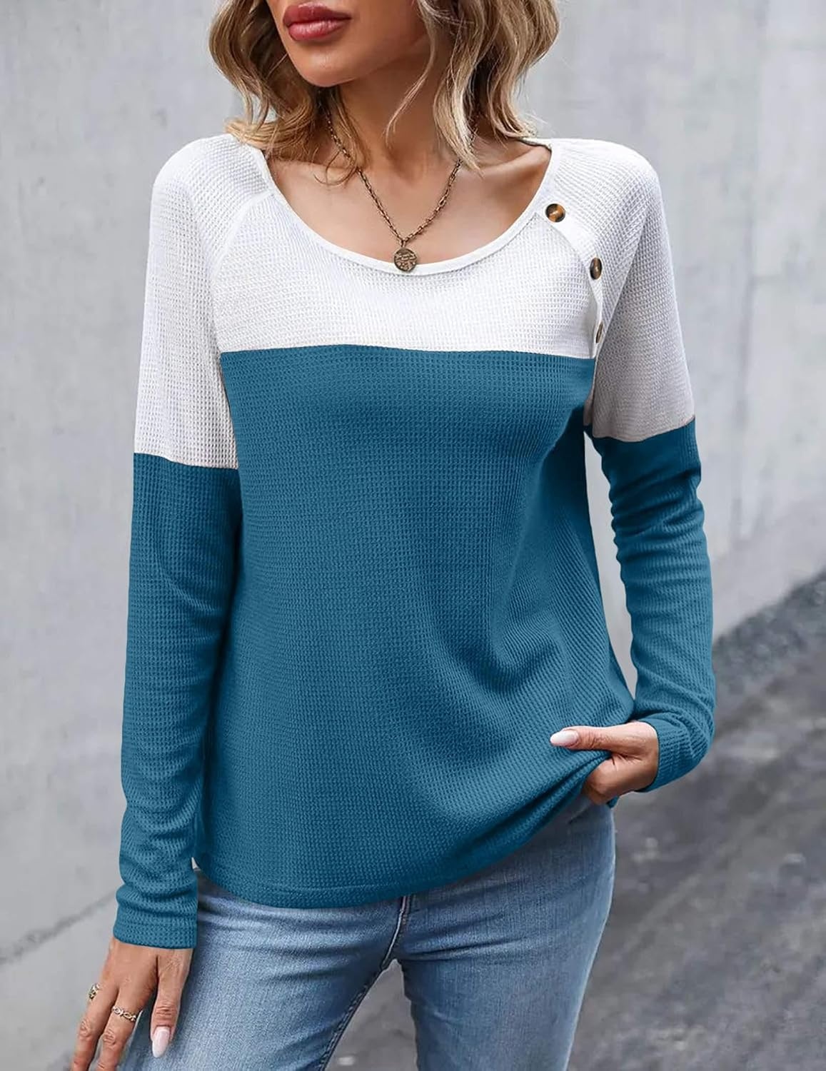 image:imageZeagoo Women Waffle Knit Shirts Long Sleeve Colorblock Tee Button Detail TunicsDeep Blue