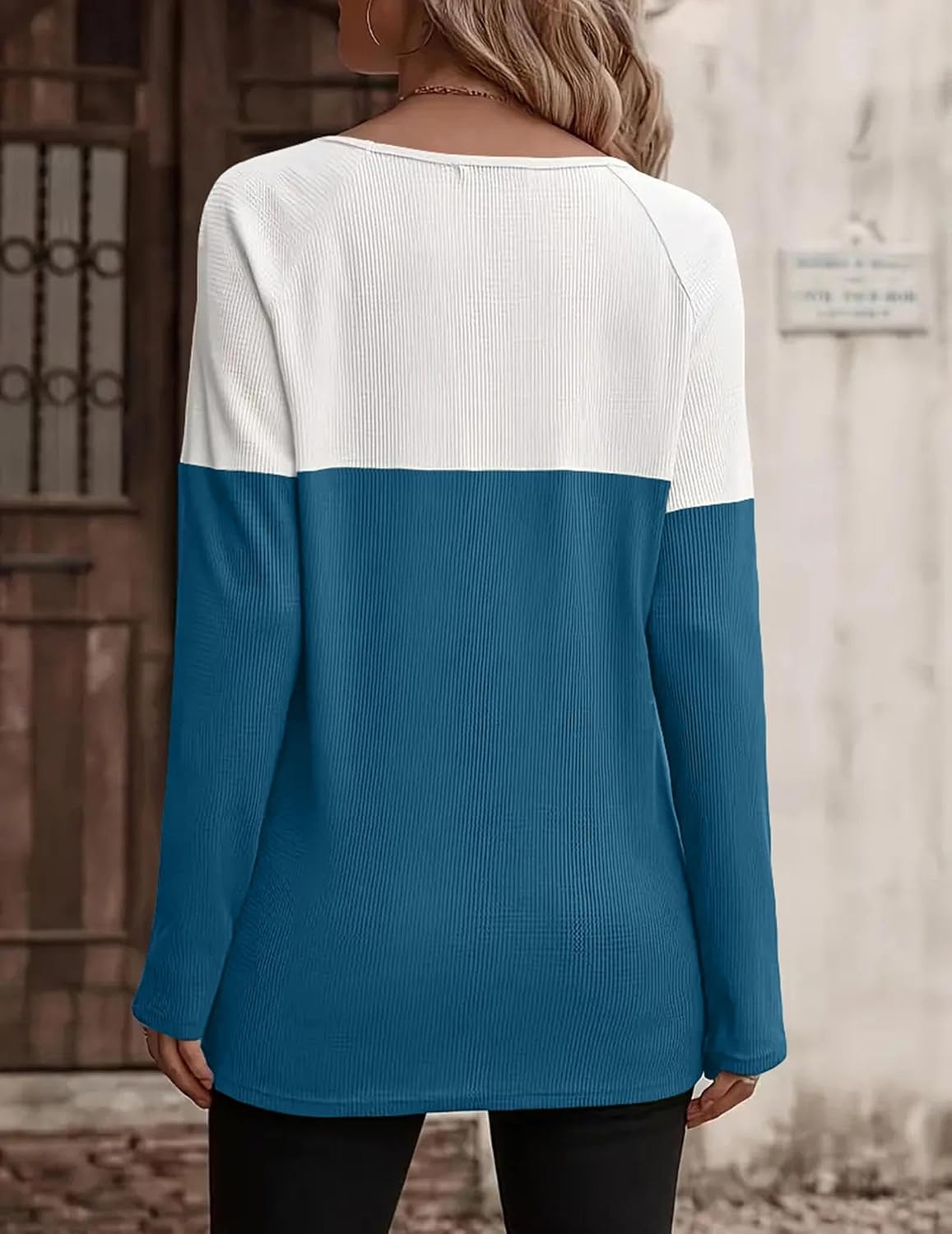 image:imageZeagoo Women Waffle Knit Shirts Long Sleeve Colorblock Tee Button Detail TunicsDeep Blue