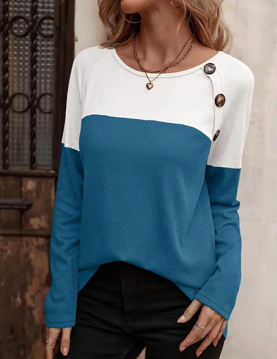 image:imageZeagoo Women Waffle Knit Shirts Long Sleeve Colorblock Tee Button Detail TunicsDeep Blue