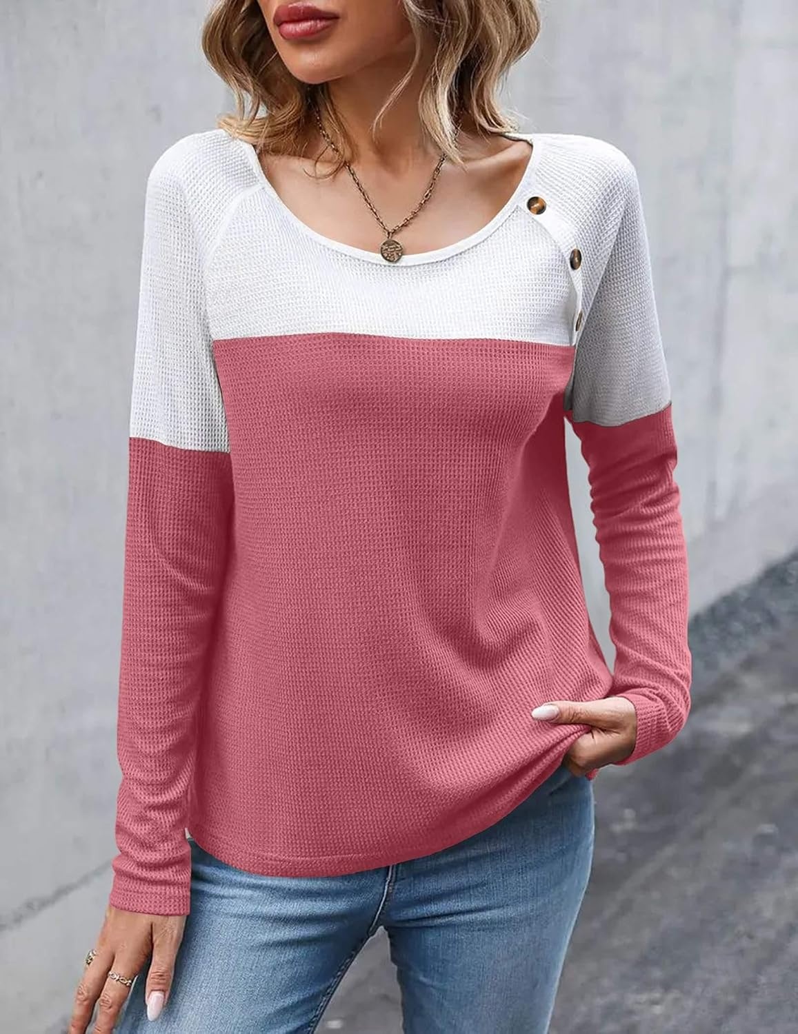 image:imageZeagoo Women Waffle Knit Shirts Long Sleeve Colorblock Tee Button Detail TunicsDusty Pink