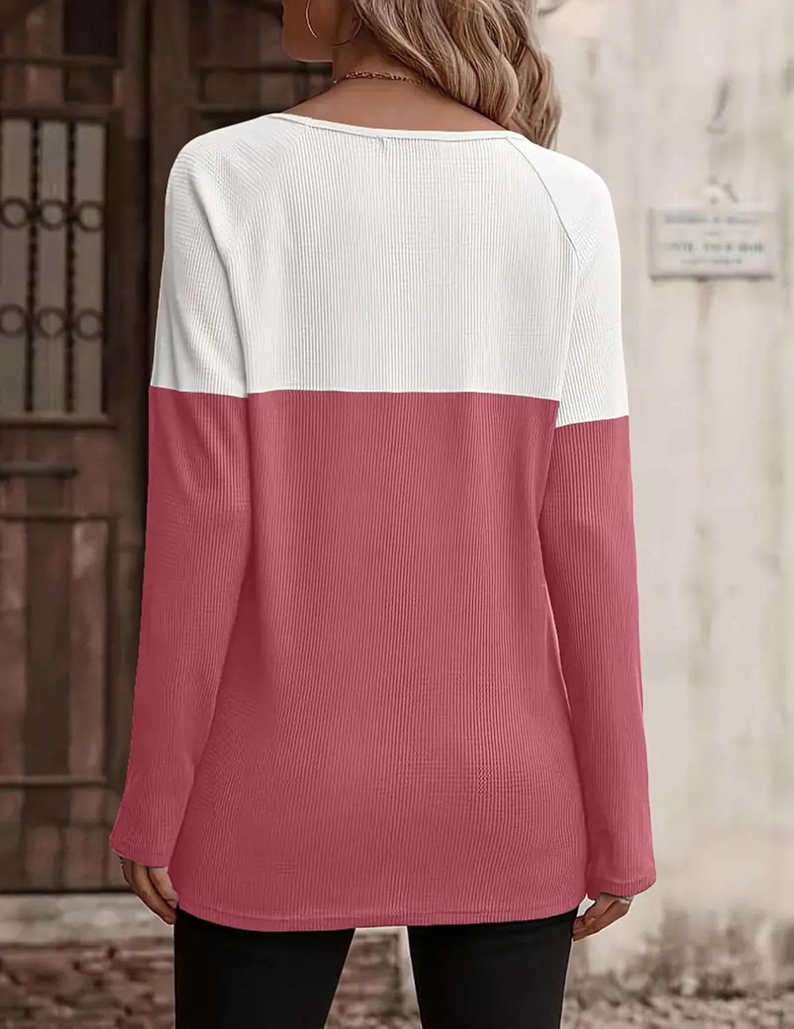 image:imageZeagoo Women Waffle Knit Shirts Long Sleeve Colorblock Tee Button Detail TunicsDusty Pink