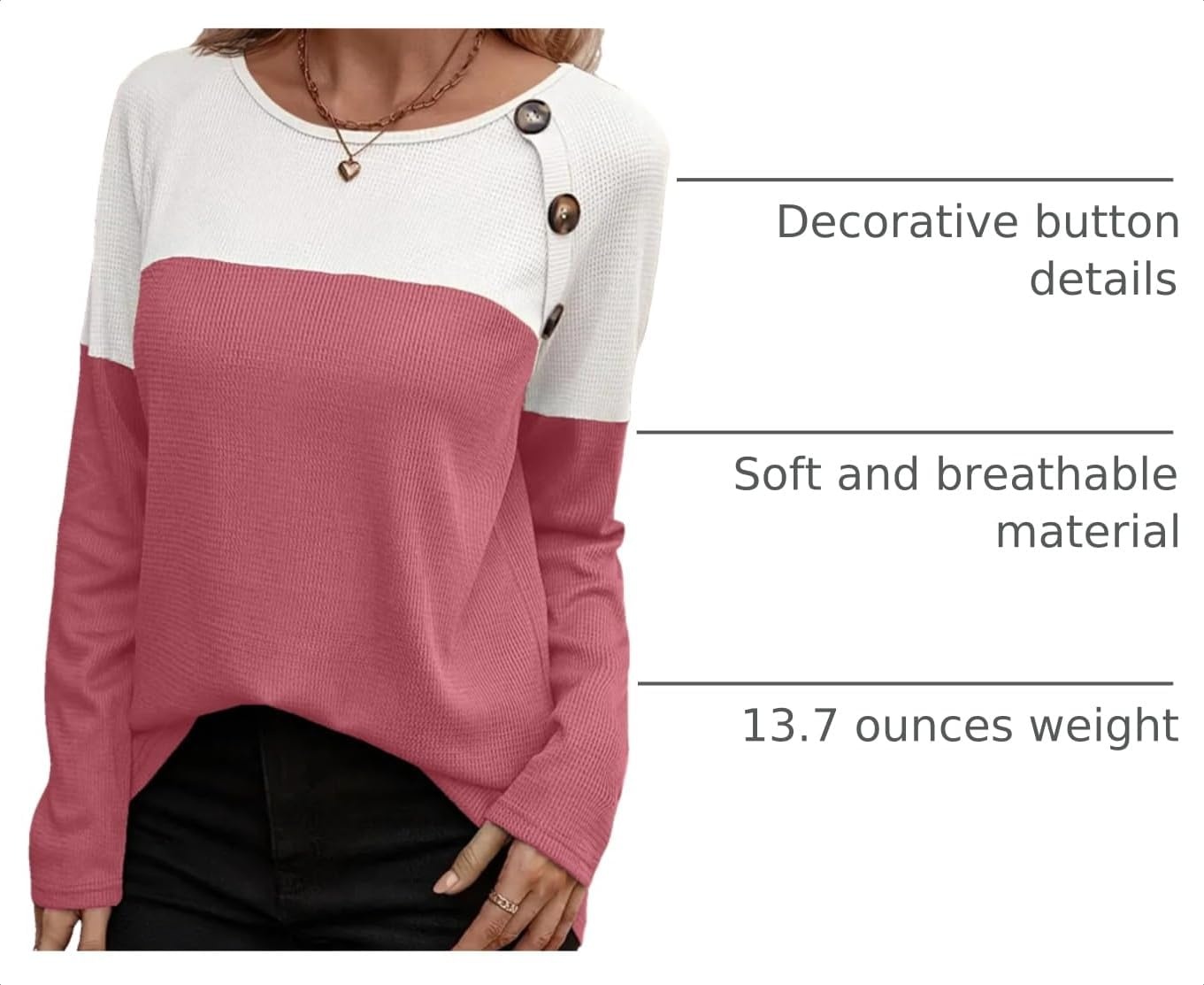 image:imageZeagoo Women Waffle Knit Shirts Long Sleeve Colorblock Tee Button Detail TunicsDusty Pink