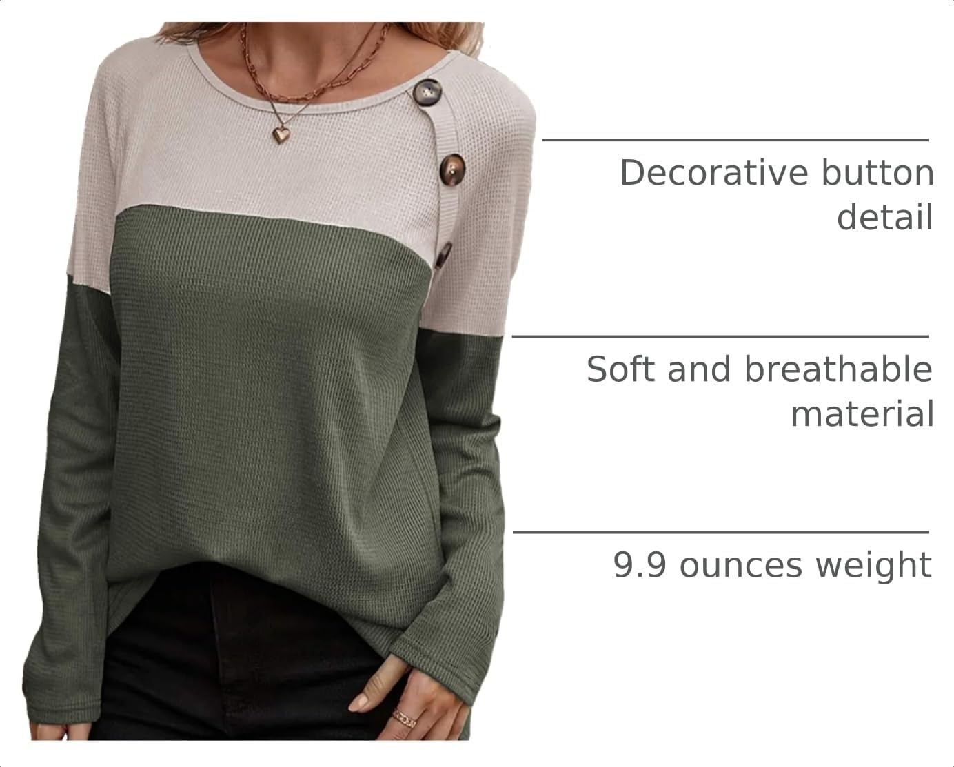 image:imageZeagoo Women Waffle Knit Shirts Long Sleeve Colorblock Tee Button Detail TunicsGreyarmy Green