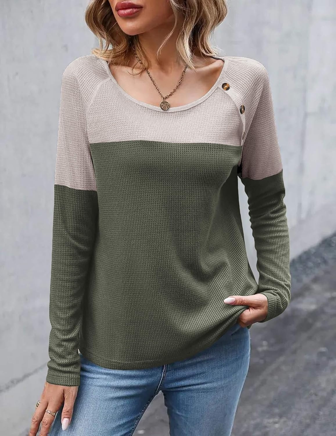 image:imageZeagoo Women Waffle Knit Shirts Long Sleeve Colorblock Tee Button Detail TunicsGreyarmy Green