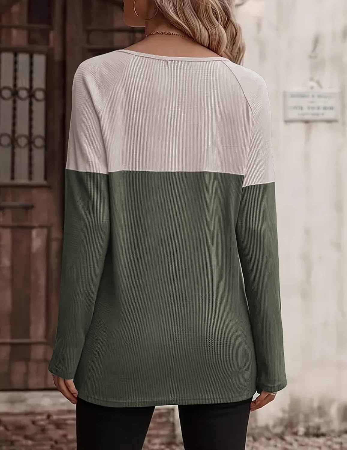 image:imageZeagoo Women Waffle Knit Shirts Long Sleeve Colorblock Tee Button Detail TunicsGreyarmy Green