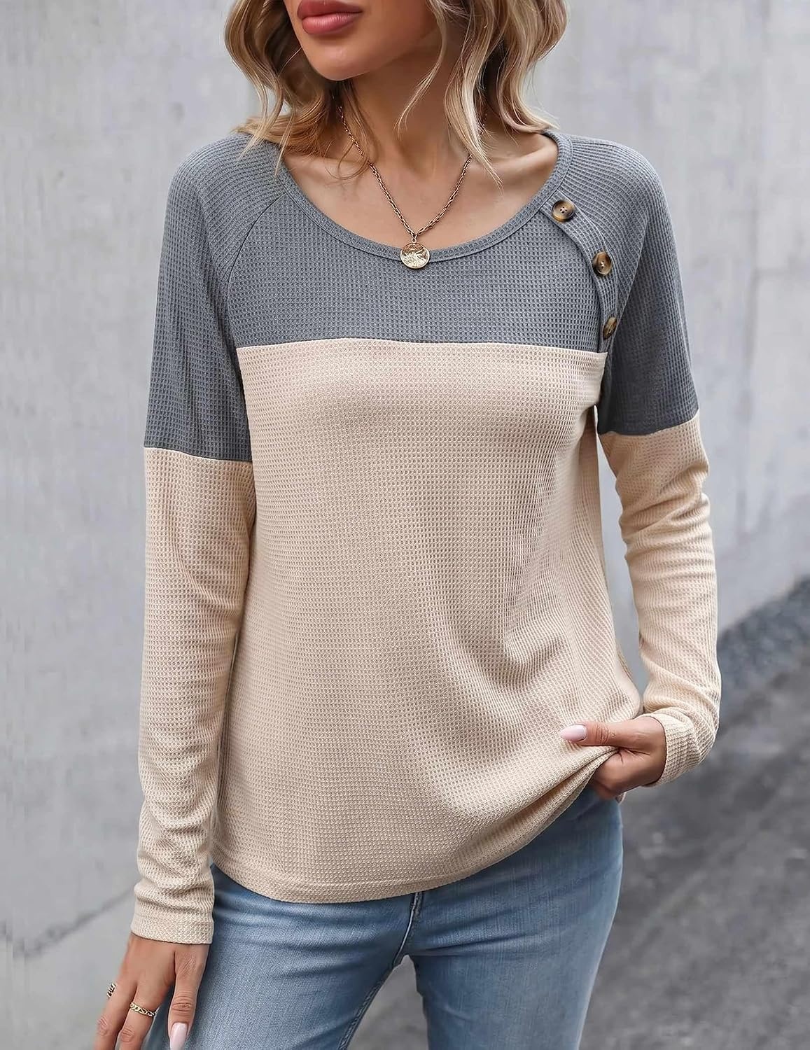 image:imageZeagoo Women Waffle Knit Shirts Long Sleeve Colorblock Tee Button Detail TunicsLight Gray Champagne