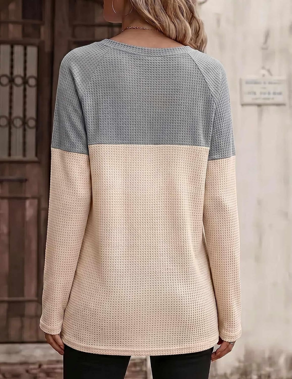 image:imageZeagoo Women Waffle Knit Shirts Long Sleeve Colorblock Tee Button Detail TunicsLight Gray Champagne