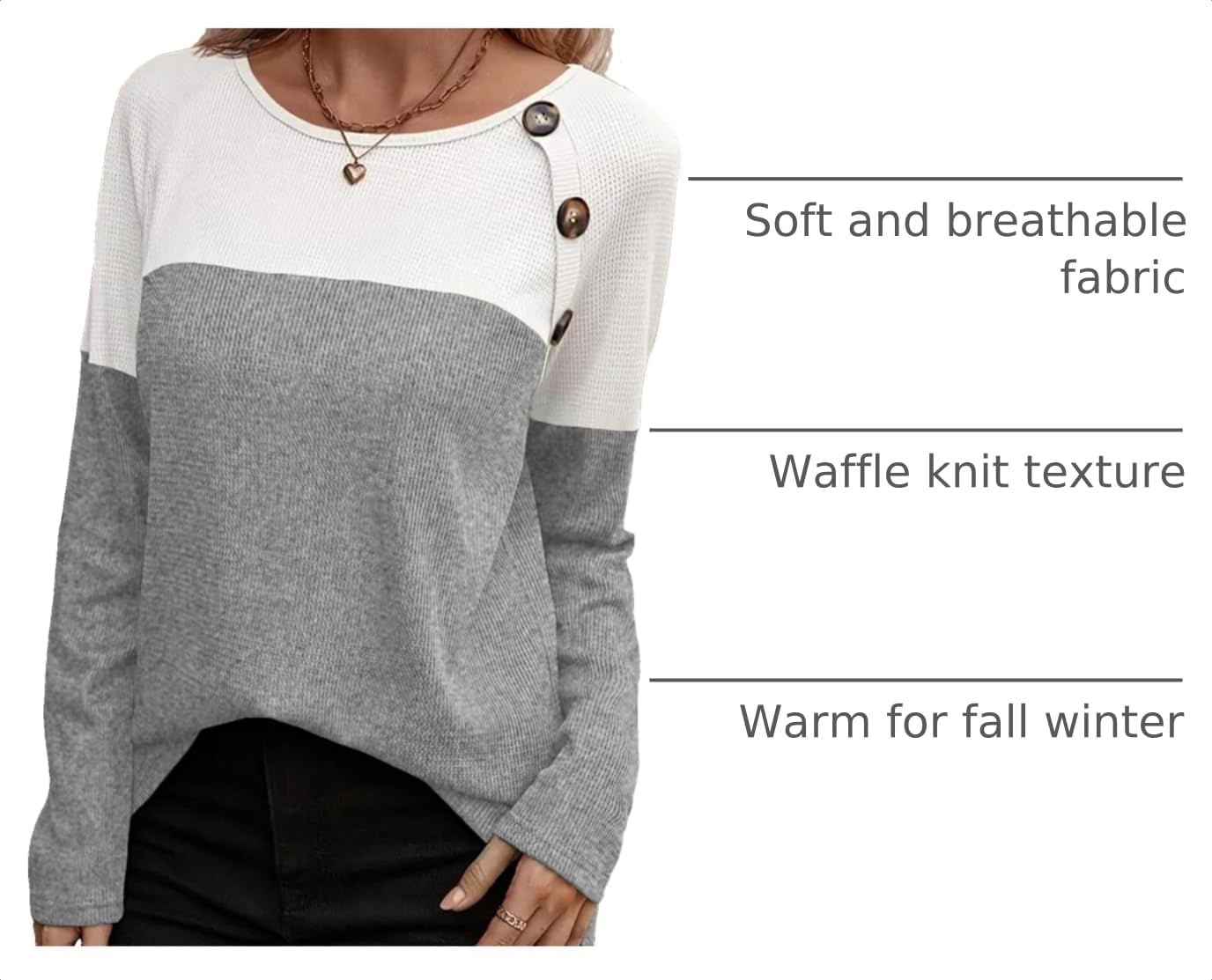 image:imageZeagoo Women Waffle Knit Shirts Long Sleeve Colorblock Tee Button Detail TunicsLight Grey