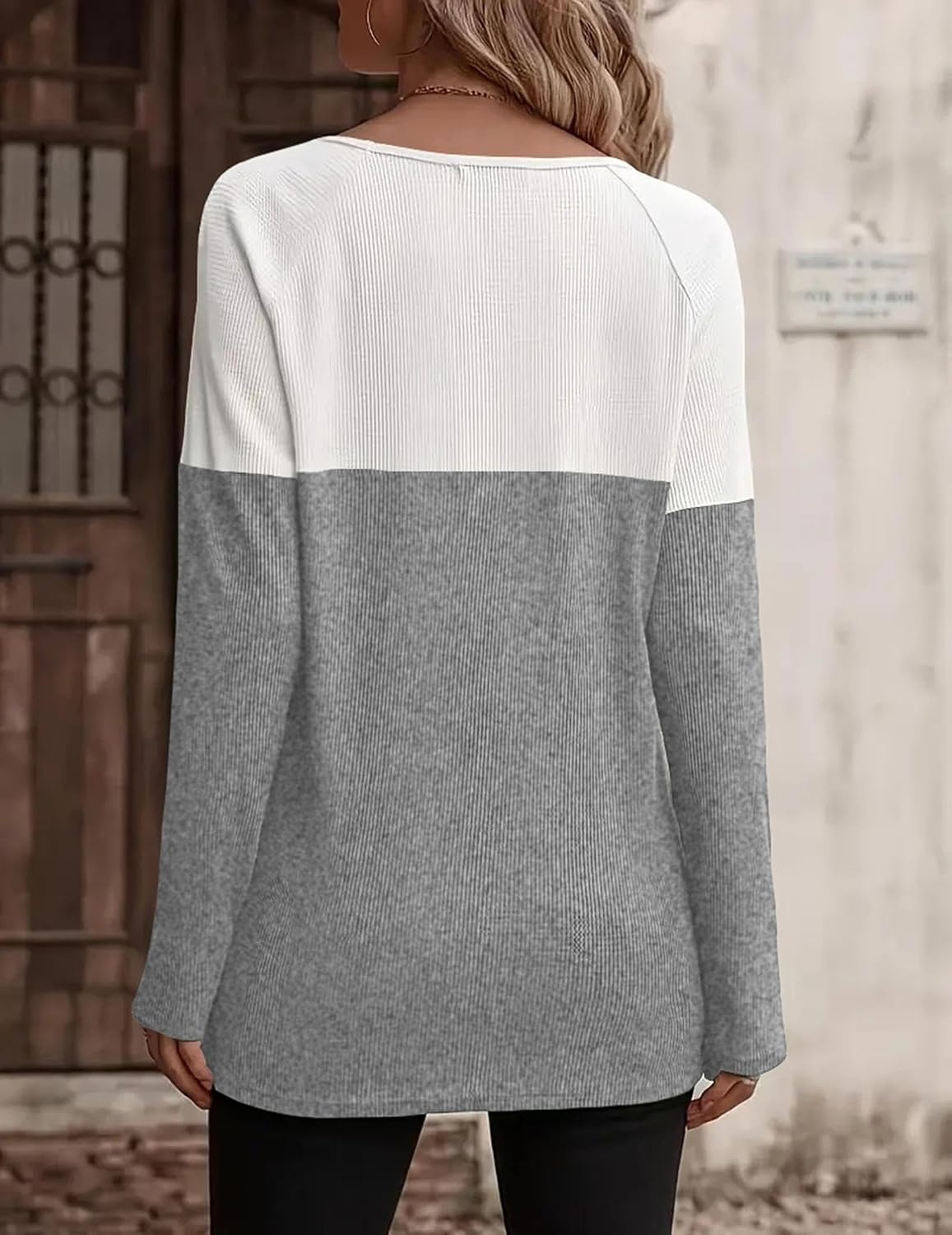image:imageZeagoo Women Waffle Knit Shirts Long Sleeve Colorblock Tee Button Detail TunicsLight Grey