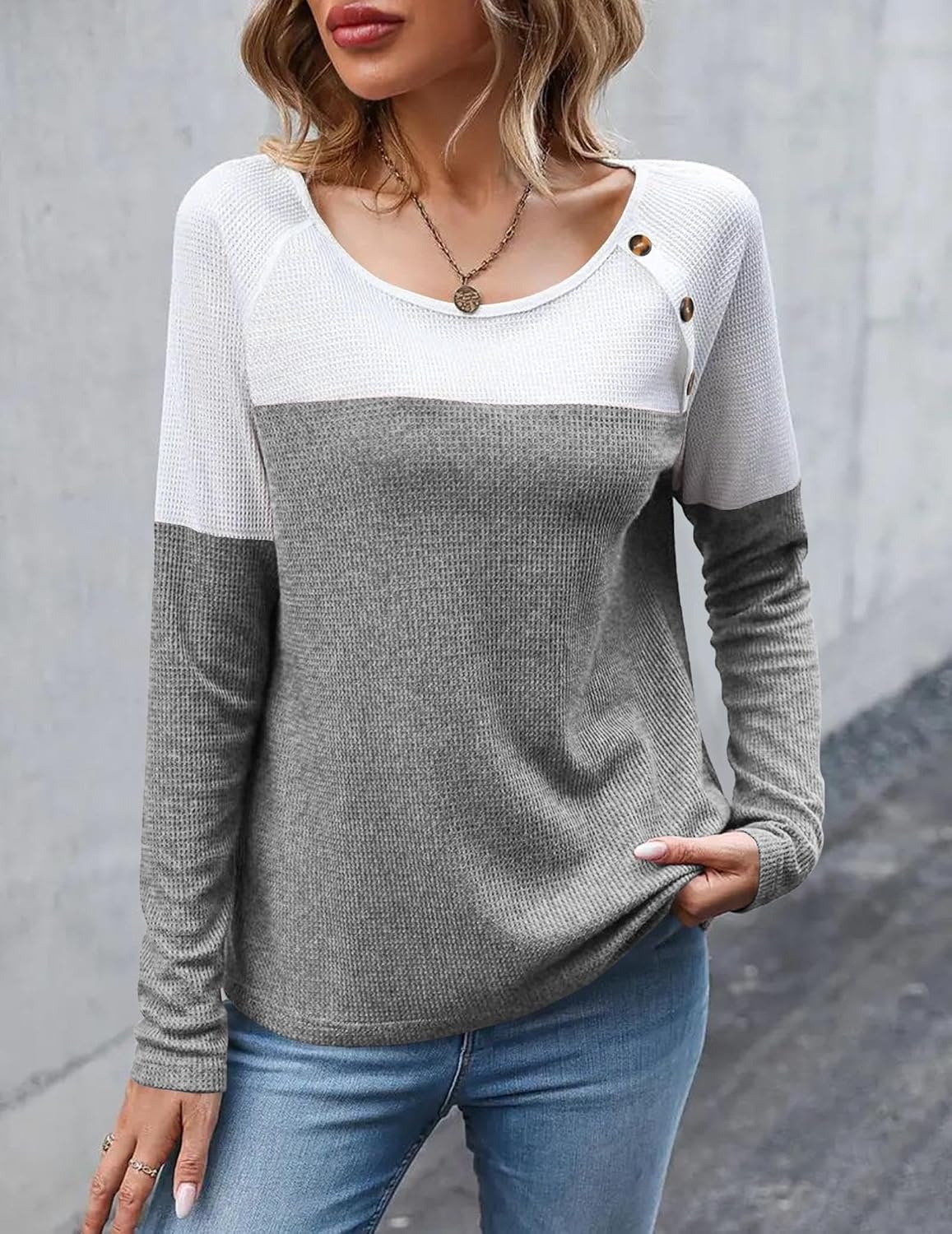 image:imageZeagoo Women Waffle Knit Shirts Long Sleeve Colorblock Tee Button Detail TunicsLight Grey