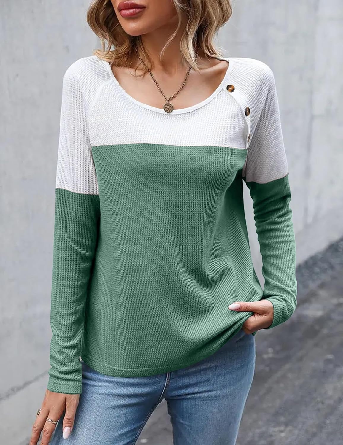 image:imageZeagoo Women Waffle Knit Shirts Long Sleeve Colorblock Tee Button Detail TunicsMint