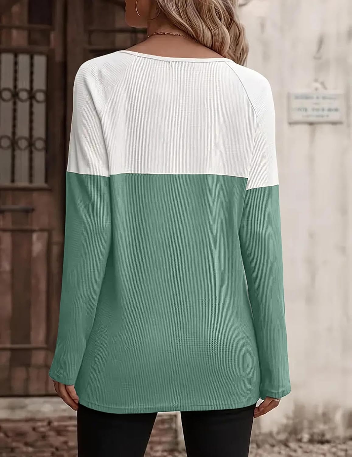 image:imageZeagoo Women Waffle Knit Shirts Long Sleeve Colorblock Tee Button Detail TunicsMint