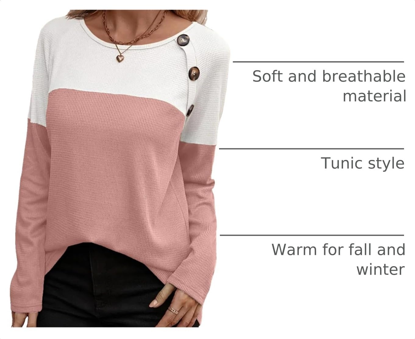 image:imageZeagoo Women Waffle Knit Shirts Long Sleeve Colorblock Tee Button Detail TunicsPale Pink