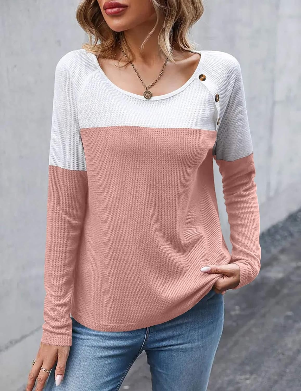 image:imageZeagoo Women Waffle Knit Shirts Long Sleeve Colorblock Tee Button Detail TunicsPale Pink