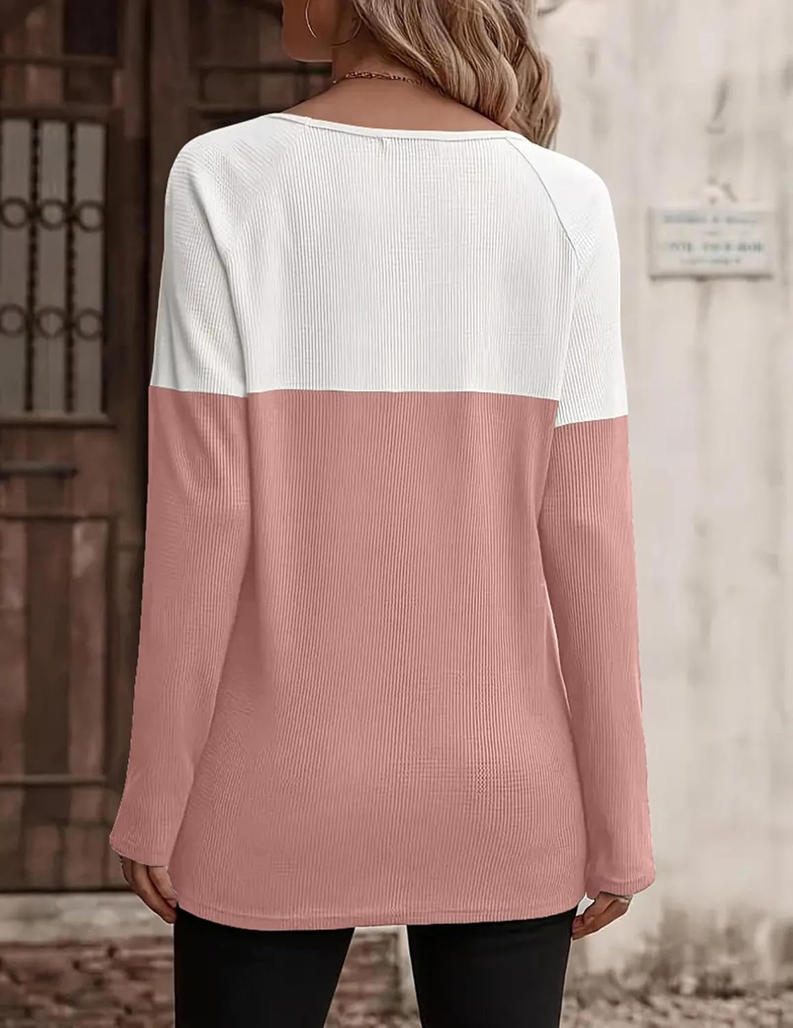 image:imageZeagoo Women Waffle Knit Shirts Long Sleeve Colorblock Tee Button Detail TunicsPale Pink