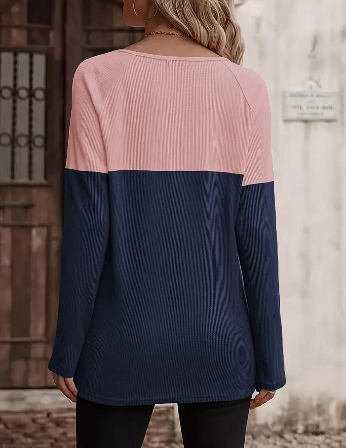 image:imageZeagoo Women Waffle Knit Shirts Long Sleeve Colorblock Tee Button Detail TunicsPinknavy