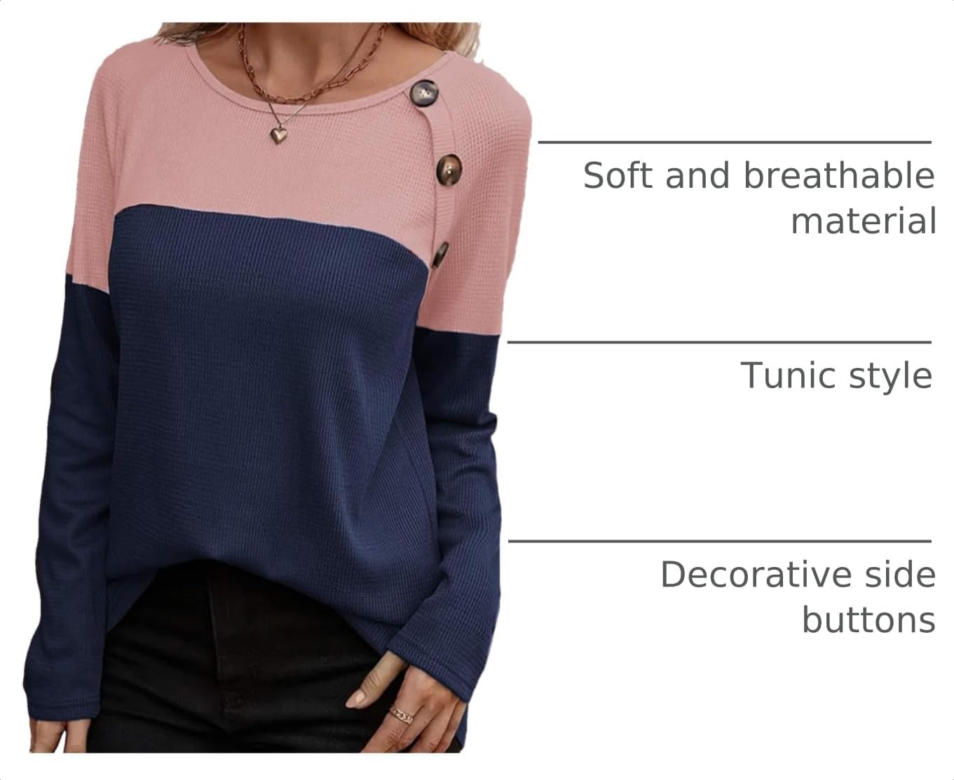 image:imageZeagoo Women Waffle Knit Shirts Long Sleeve Colorblock Tee Button Detail TunicsPinknavy
