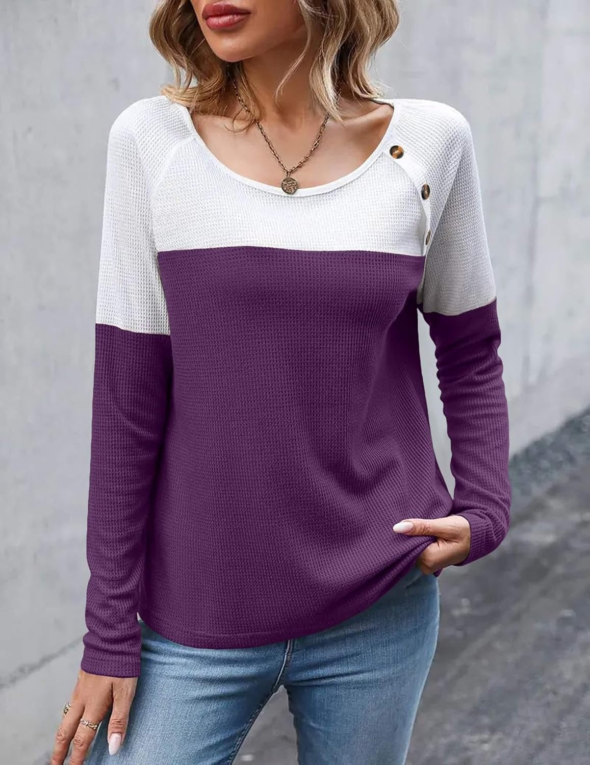 image:imageZeagoo Women Waffle Knit Shirts Long Sleeve Colorblock Tee Button Detail TunicsPurple