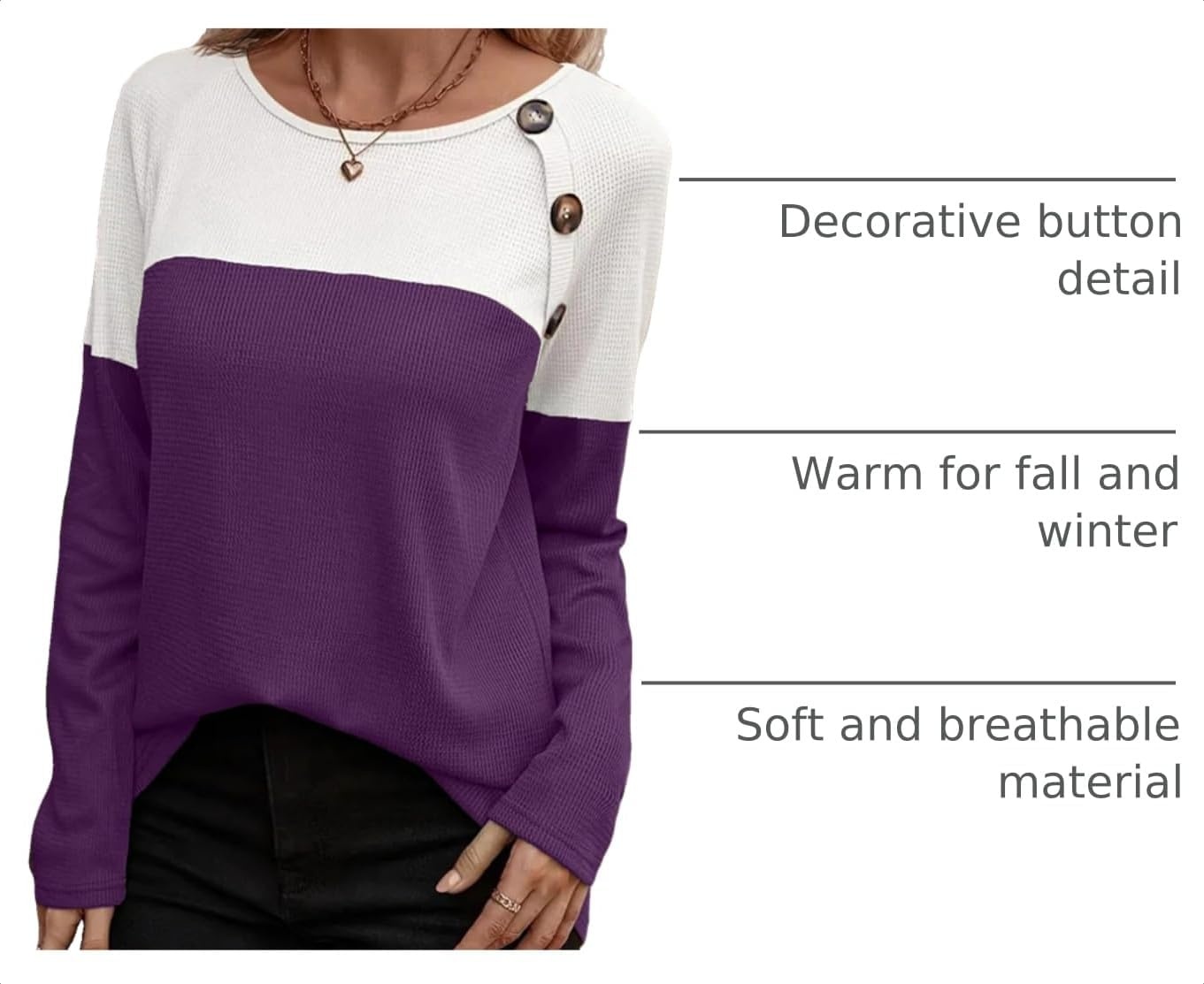 image:imageZeagoo Women Waffle Knit Shirts Long Sleeve Colorblock Tee Button Detail TunicsPurple