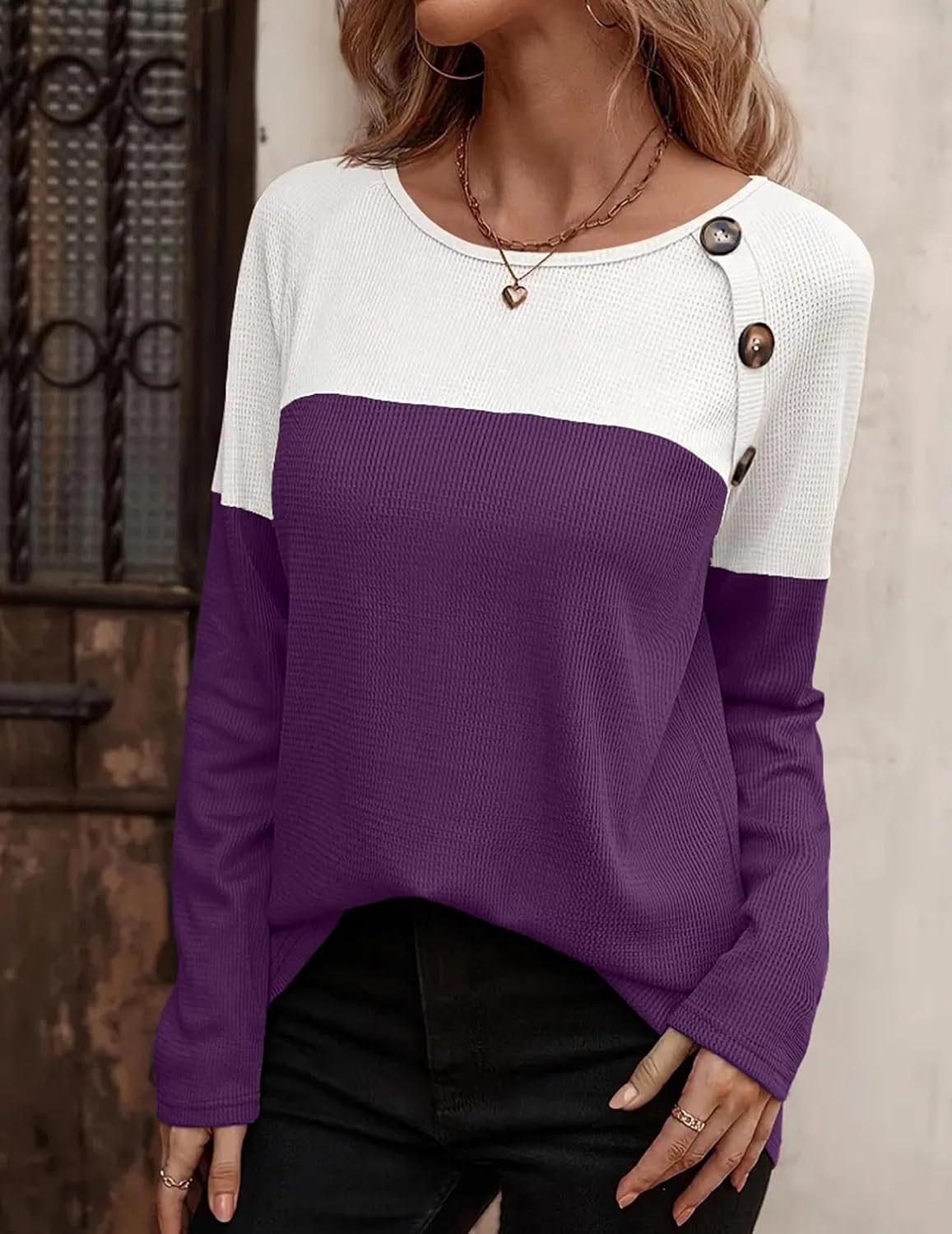 image:imageZeagoo Women Waffle Knit Shirts Long Sleeve Colorblock Tee Button Detail TunicsPurple