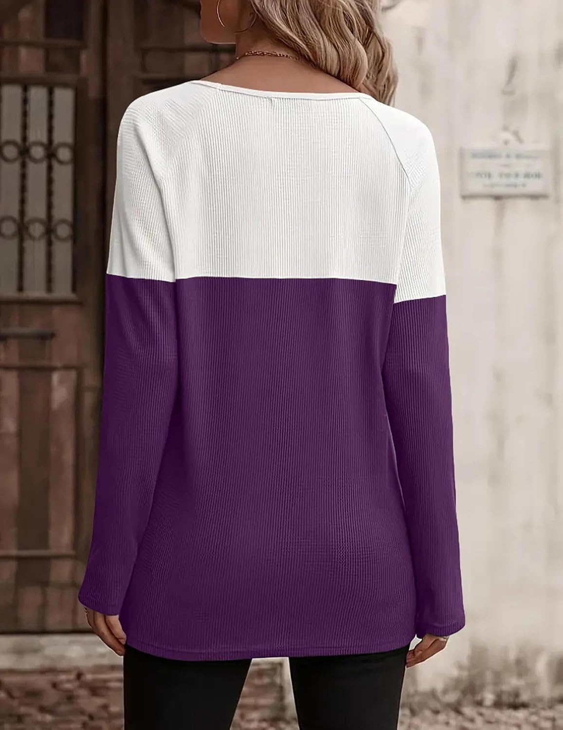 image:imageZeagoo Women Waffle Knit Shirts Long Sleeve Colorblock Tee Button Detail TunicsPurple