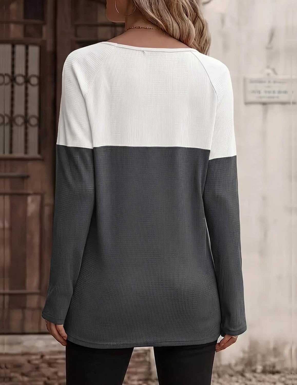 image:imageZeagoo Women Waffle Knit Shirts Long Sleeve Colorblock Tee Button Detail TunicsWhite Deep Grey